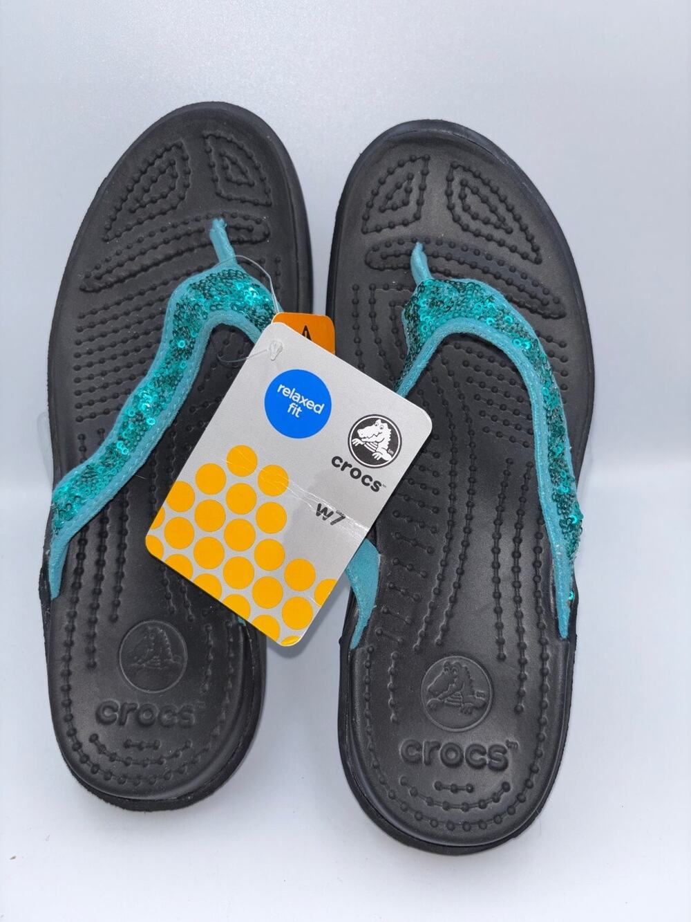 Crocs Flip Flops Women's Black Teal Glitter W7 Comfort Sandals Thong